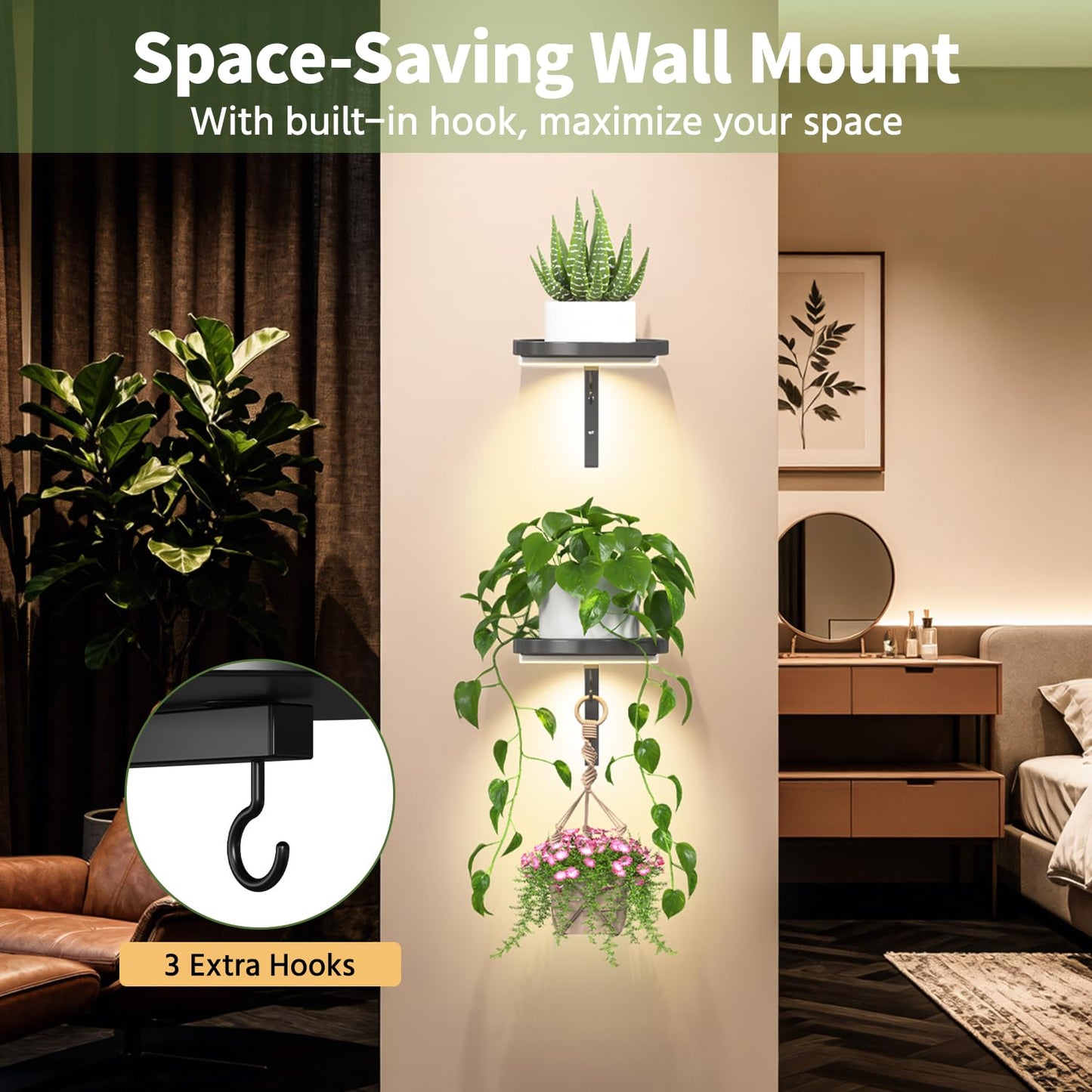 LASZOLA Plant Hangers Shelves Wall Mounted Indoor with Grow Lights, Metal Window Plant Holders, 3Pcs Modern Floating Flower Display Stand with 3 Hooks for Outdoor Kitchen Bathroom Decor, Black