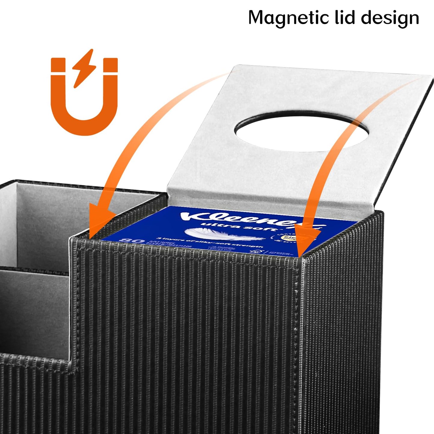 Fanousy Tissue Box Cover Square with Storage, PU Leather Cube Tissue Box Holder, Multifunction Remote Control Nightstand Organizer, Modern Desk Caddy for End Table, Bathroom, Home, Office Decor