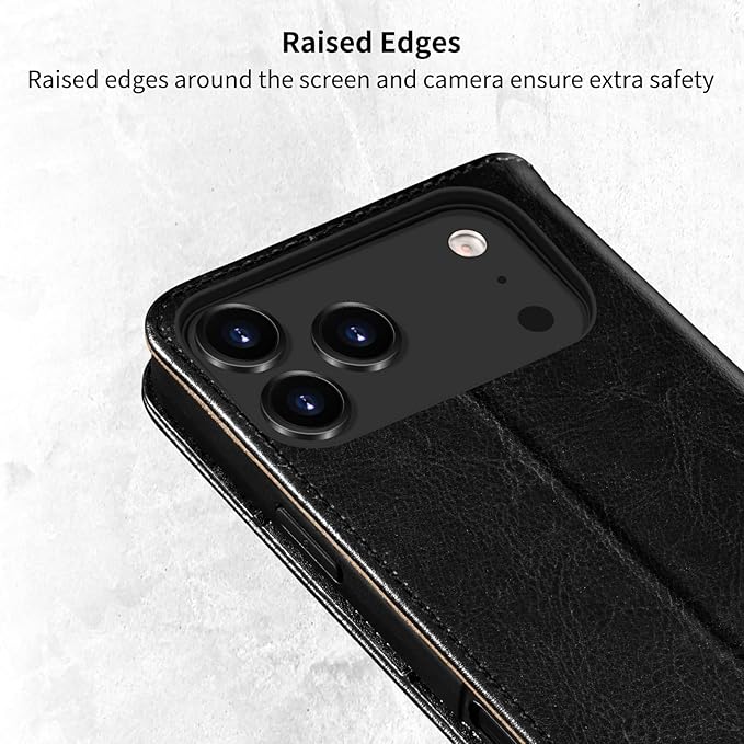 Belemay Leather Wallet Case Compatible with iPhone 17 Pro, Premium Cowhide Leather Two-Tone Effect, RFID Blocking Card Holders, Shockproof TPU Shell, Kickstand, Protective Flip Cover, 6.3", Black