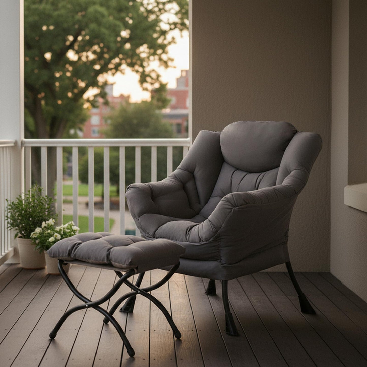 YOTATING Lazy Chair with Ottoman, Lounge Accent Arm Chair with Armrests, Side Pocket and Footrest, Leisure Upholstered Sofa Reading Chair with Footstool for Living Room Bedroom, Dark Grey