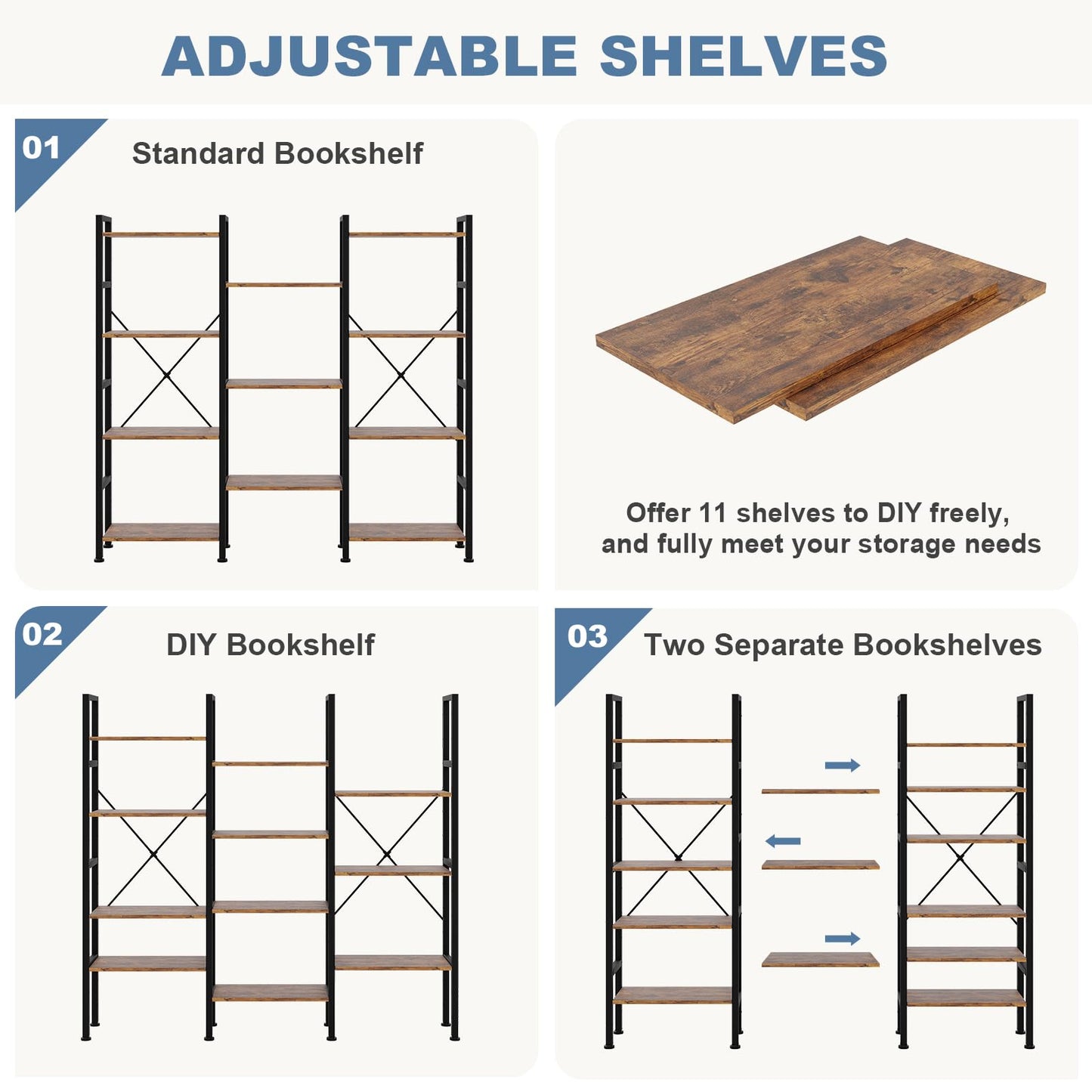 DUMOS Triple Column 4 Tier Bookshelf with Adjustable Shelves, Wide Convertible Display Unit, Industrial Bookcase for Living Room & Home Office, Sturdy Freestanding Storage Decor Organizer, Rust