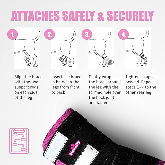 NeoAlly Dog Rear Leg Braces [Long Version] Canine Hind Hock Support with Safety Reflective Straps for Joint Injury, Sprain Protection, Wound Healing and Loss of Stability from Arthritis (Pink L Pair)
