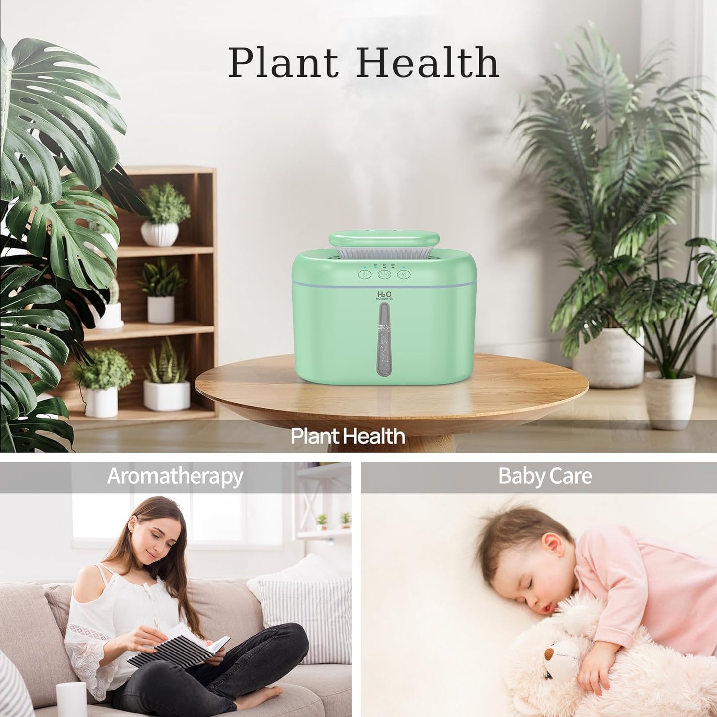 HZD Humidifiers for Bedroom 2L Large Tank for Long Runtime, Gentle Mist 26dB Quiet Runtime Easy to Fill & Clean Can Timed Humidifier for Home, Baby, Nursery, Plants, Night Light (Green)