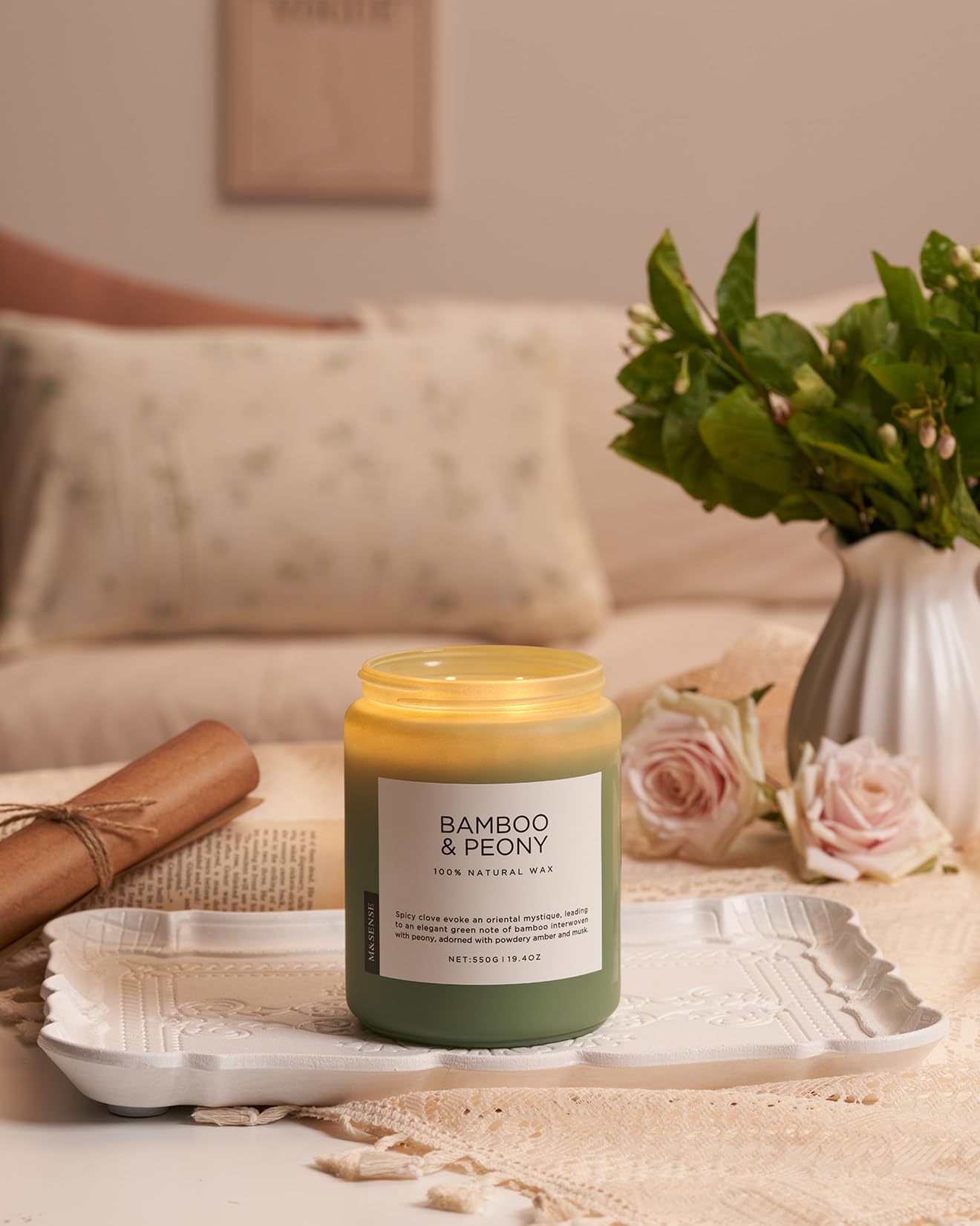 M&SENSE Bamboo Peony Spring Large Candles for Home Scented 19.4oz 110 Hour Long Lasting Burn Natural Organic Soy Candle Gifts for Women, Fresh Smelling Aromatherapy Gifts for Stress Relief
