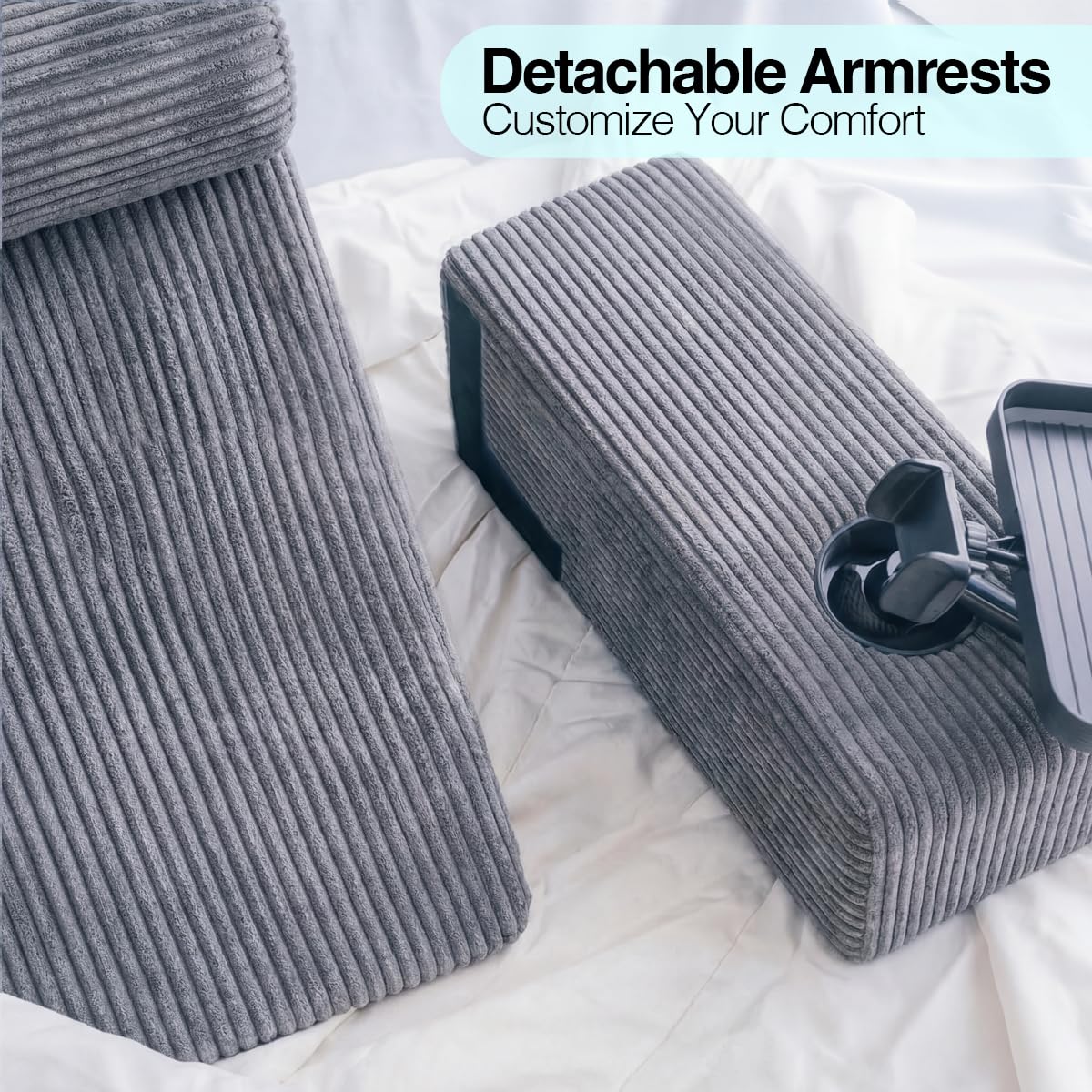 TabCouchCaddy Reading Pillow for Adults – 24” XL Memory Foam Backrest with Detachable Arms, Cup Holder, Phone Caddy & Adjustable Tray Mount | Back Pillow for Bed Sitting Up, Reading, TV & Recovery