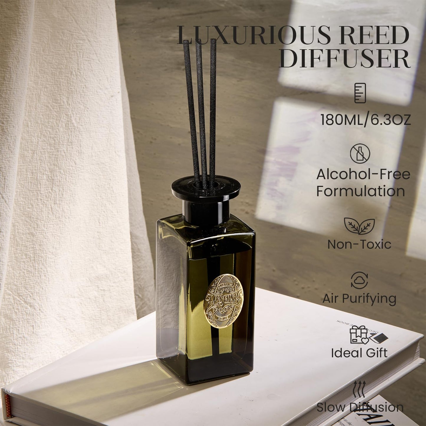 M&SENSE 6.3 oz Large Reed Diffuser Set | Lime+Basil Scent Oil Diffuser with Sticks | Hotel Collection Non-Toxic Home Fragrance |for Bedroom Bathroom Living Room