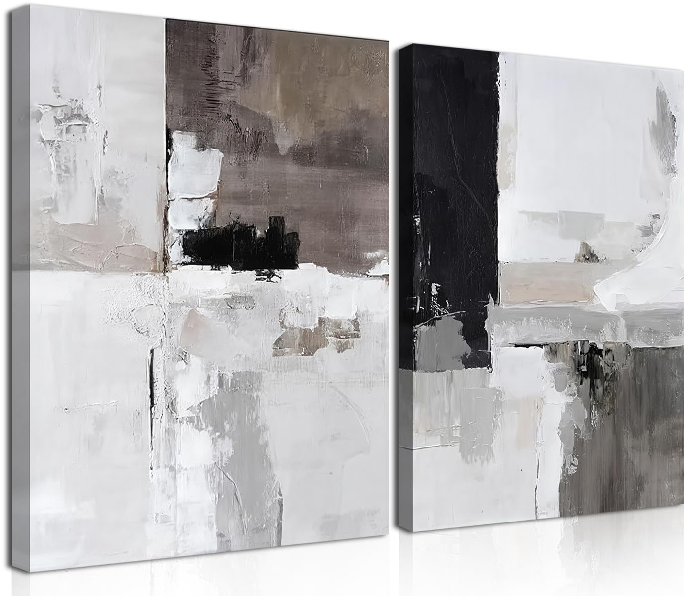 Framed Modern Abstract Wall Art Set of 2, Black White Neutral Minimalist Canvas Prints, Contemporary Industrial Artwork, Light Luxury Wall Decor for Living Room Bedroom Office, 12x16in