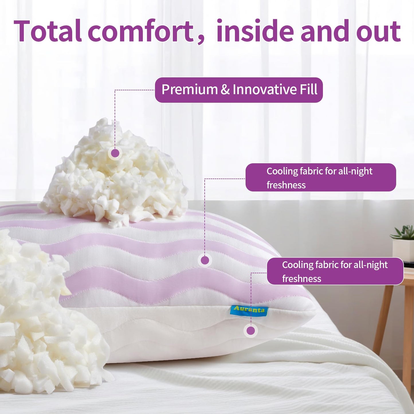 Auranta Pillows Queen Size Set of 2 - Cooling Shredded Memory Foam Bed Pillows for Sleeping, Adjustable Loft for Side, Back, and Stomach Sleepers, Medium Firm Support with Washable Cover, Mauve