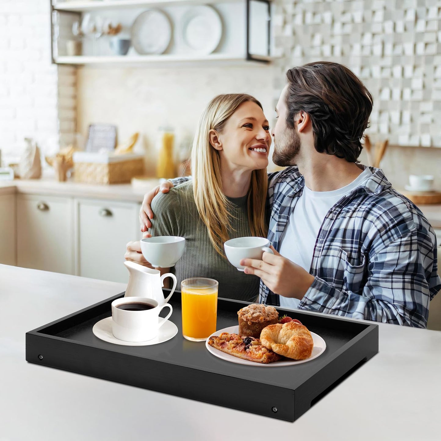 Kaukinye Bamboo Bed Tray Table with Foldable Legs, Breakfast Tray (Black)
