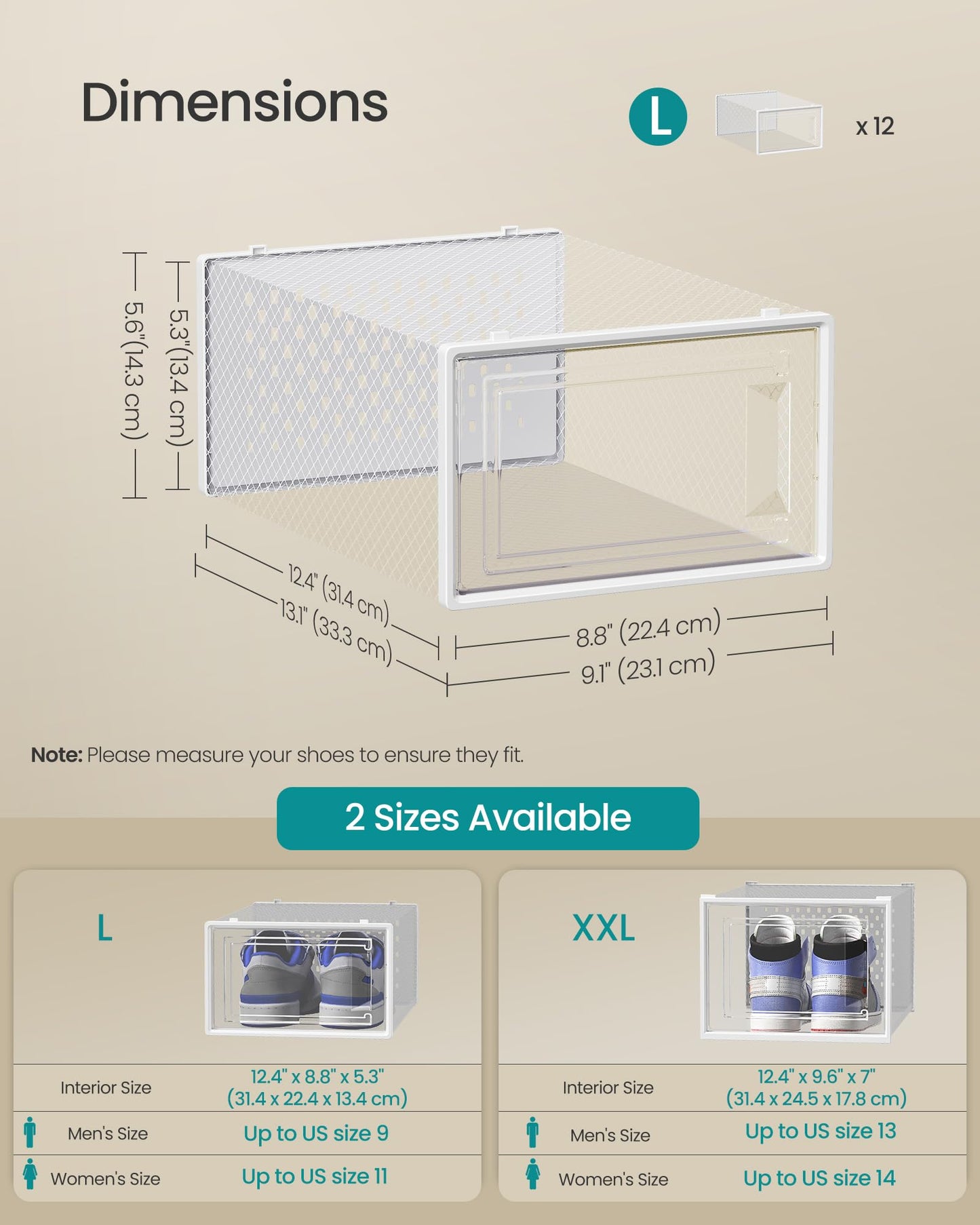 SONGMICS Shoe Boxes, Pack of 12 Shoe Storage Organizers, Stackable Clear Plastic Boxes for Closet, Sneakers, 13.1 x 9.1 x 5.6 Inches, Transparent and White ULSP12SWT
