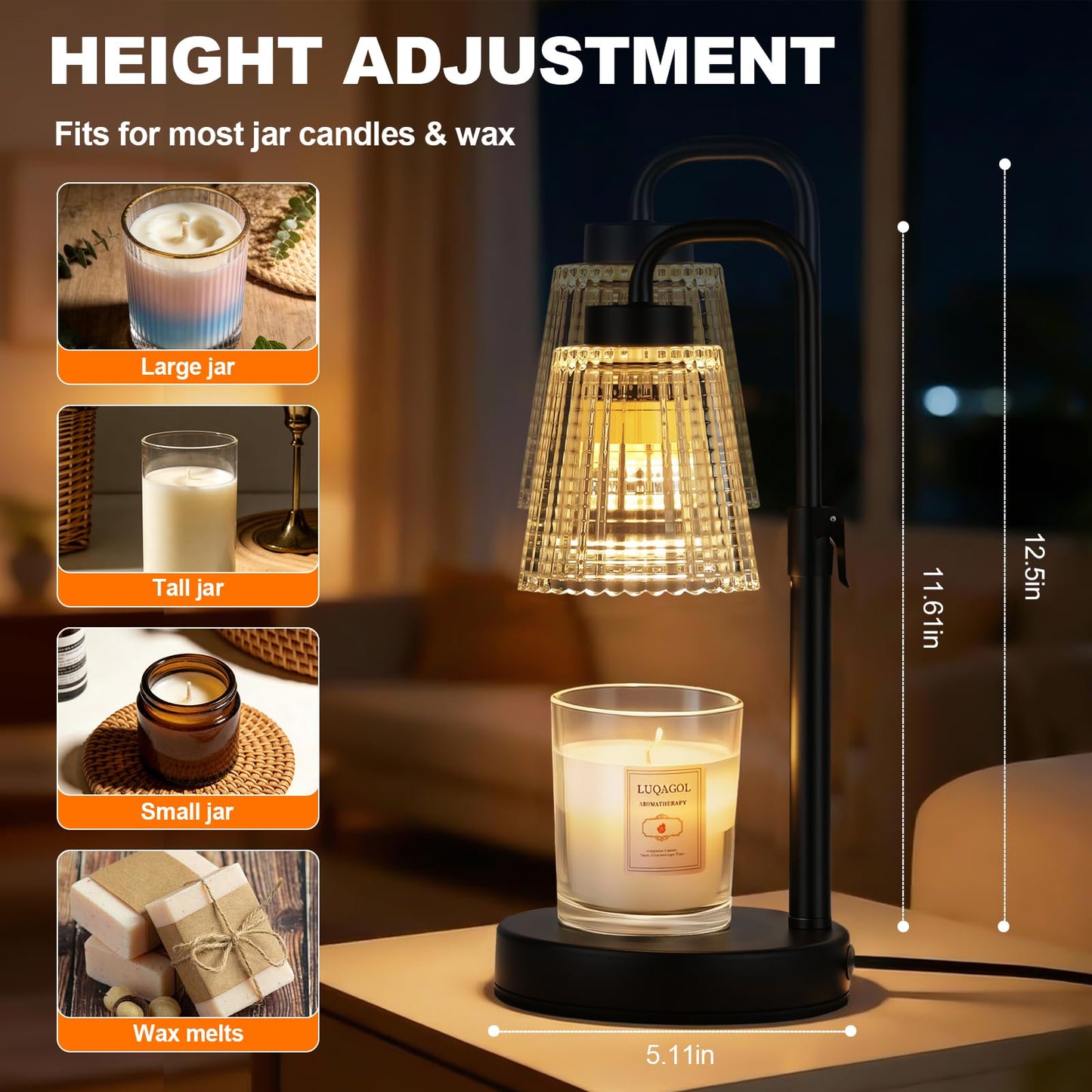 luqagol Candle Warmer Lamp with Timer Dimmable, Adjustable Height, Birthday Gifts for Women Mom, House Warming Gifts New Home Decor, Wax Warmer for Scented Jar for Jar Candles with 2 Bulbs (Black)