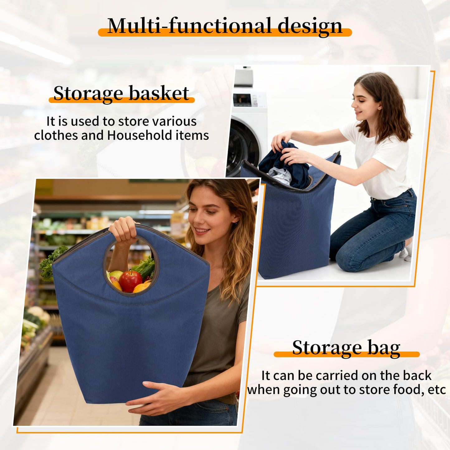 Portable Foldable Laundry Hamper with Soft Handle, 47L Collapsible Fabric Laundry Basket, Waterproof Storage Tote for Seniors, Dorm, Camping, Hanging