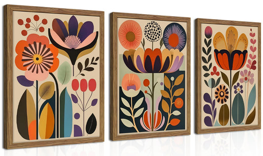 Framed Colorful Floral Wall Art Set of 3, Abstract Scandinavian Flower Canvas Wall Decor Paintings, Mid Century Modern Botanical Artwork Pictures Prints for Living Room Bedroom Dining Room 12x16 Inch