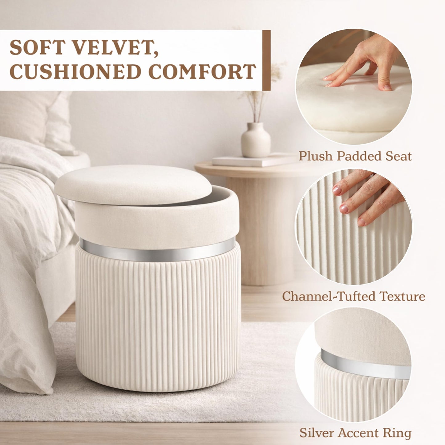 Round Storage Ottoman Set of 2 - White Ottoman with Storage for Living Room - Velvet Vanity Stool and Footrest - Round Nesting Ottoman Stools for Bedroom Makeup Area - Hidden Storage
