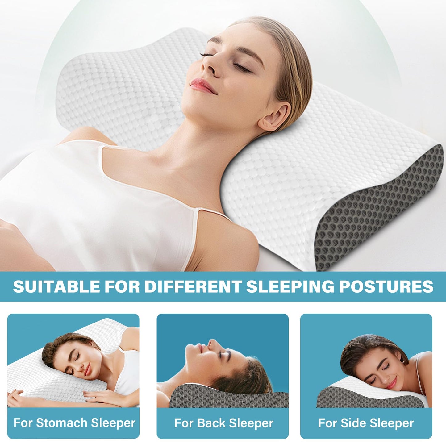 SUFOR Cooling Pillows Queen Size Set of 2, Memory Foam Bed Pillows for Sleeping, Ergonomic Cervical Pillow for Neck and Shoulder Pain Relief, with Pillowcase（Grey）