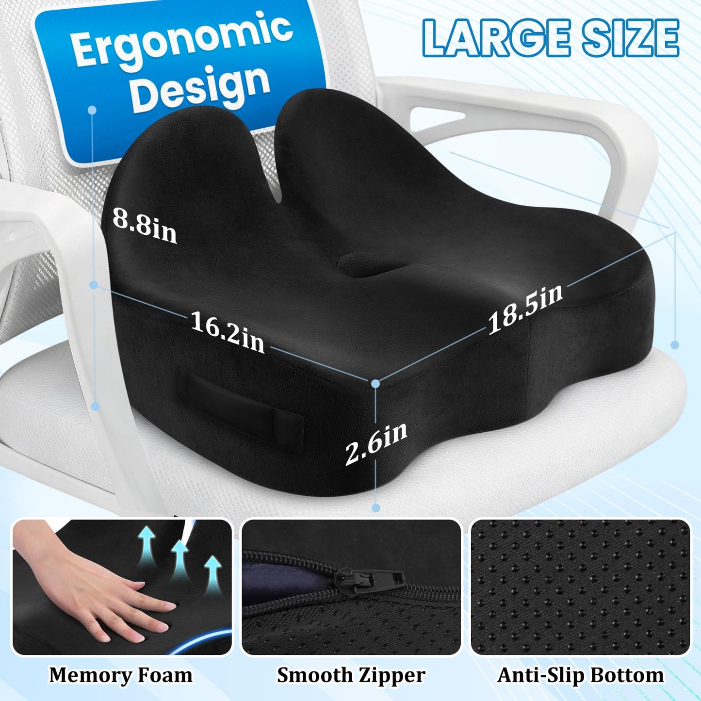 CushZone Seat Cushion, Ergonomic Memory Foam Seat Cushions for Office Chairs, Car, Long Trip, Desk Chair, Lab, Extra Large Size for Sciatica & Hip & Tailbone Pain Relief, Sciatica Support (Black)