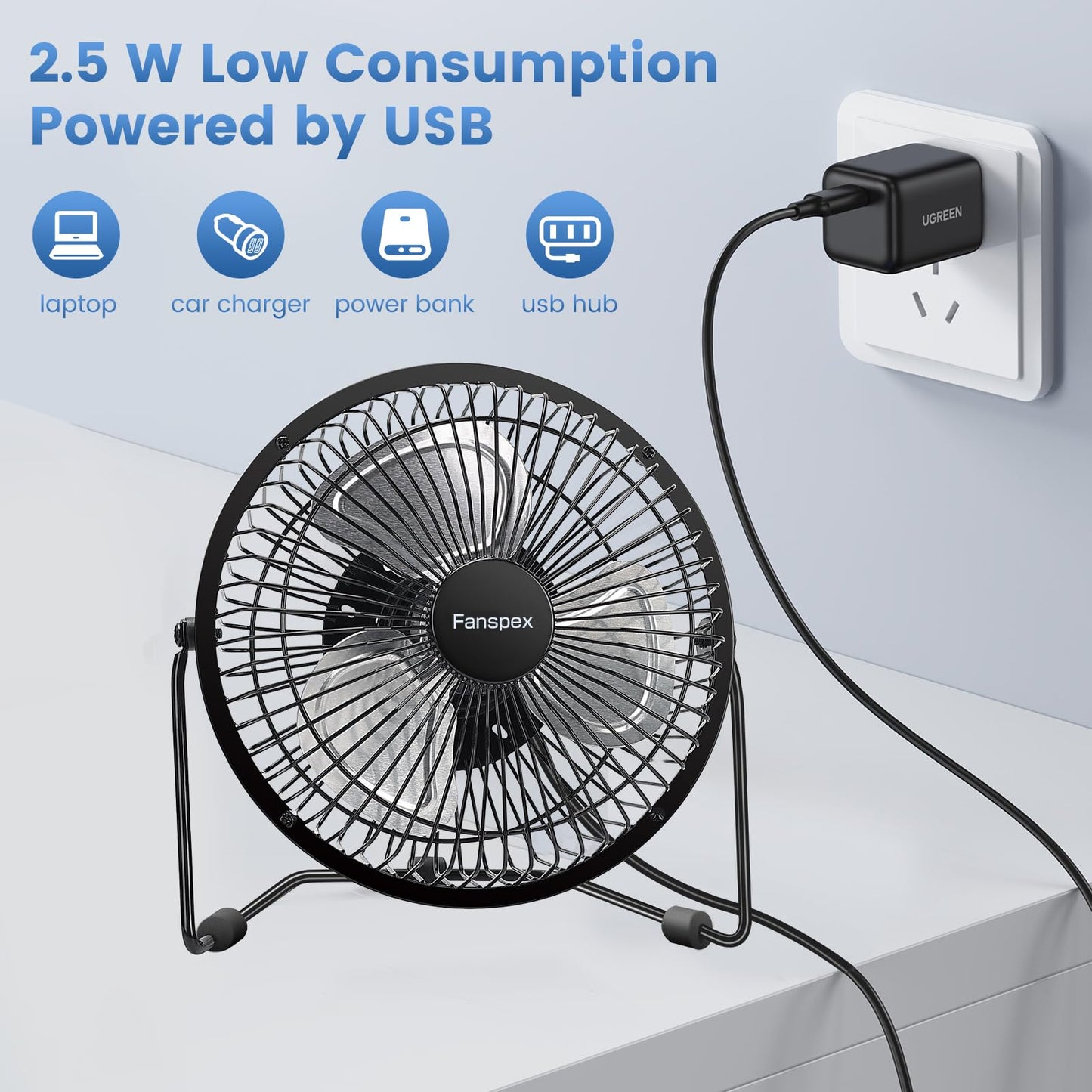 Fanspex 6" Small USB Desk Fan for Home Office Bedroom Desktop, Black
