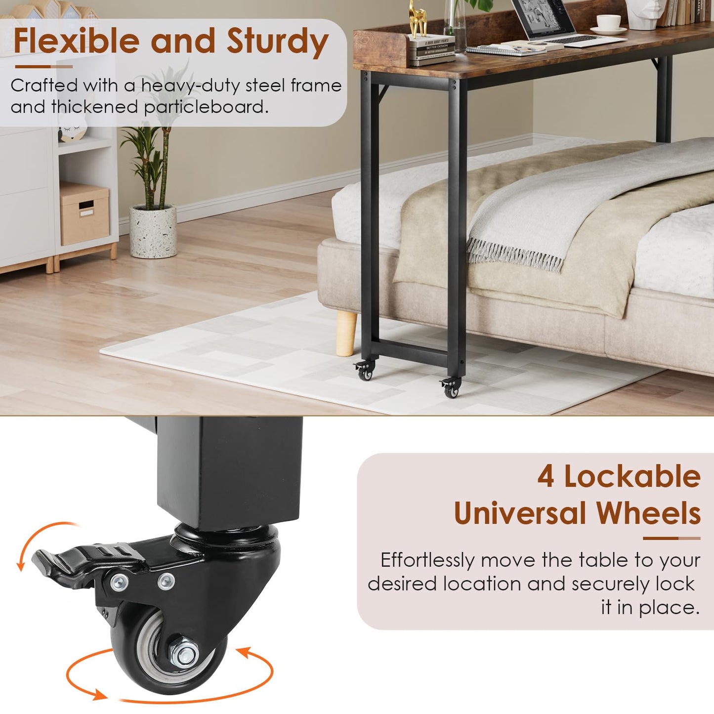 Arlopu Overbed Table with 360° Wheels, Queen Size Mobile Bed Desk with Heavy Duty Metal Leg, Sturdy Laptop Cart & Dining Table for Bedroom, Living Room, Hospital Use (Brown)