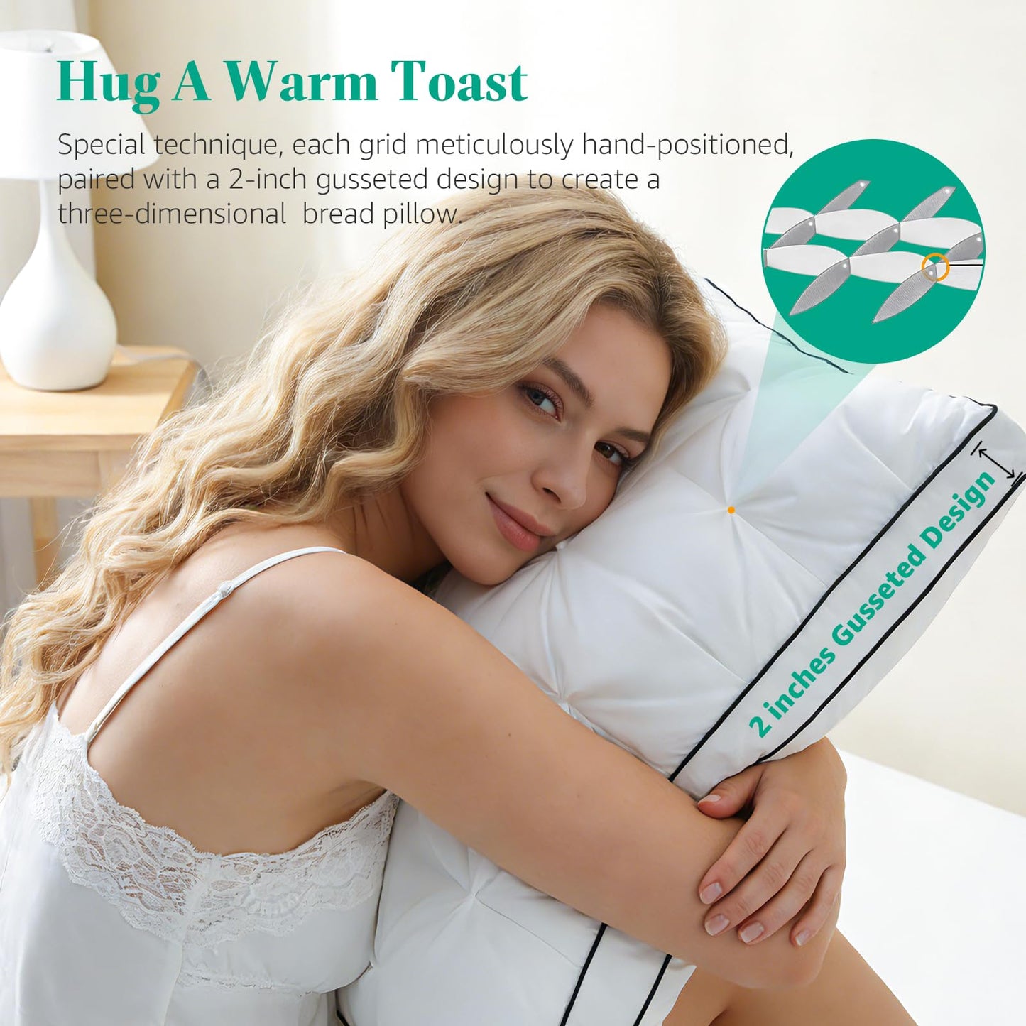KUSNUG Premium Hybrid Goose Feather Down Pillows Queen Size Set of 2 with 100% Organic Cotton Cover, Hotel Collection Bed Pillows for Sleeping, White Fluffy Soft Gusseted Pillows (18"x28"+2" Gusset)
