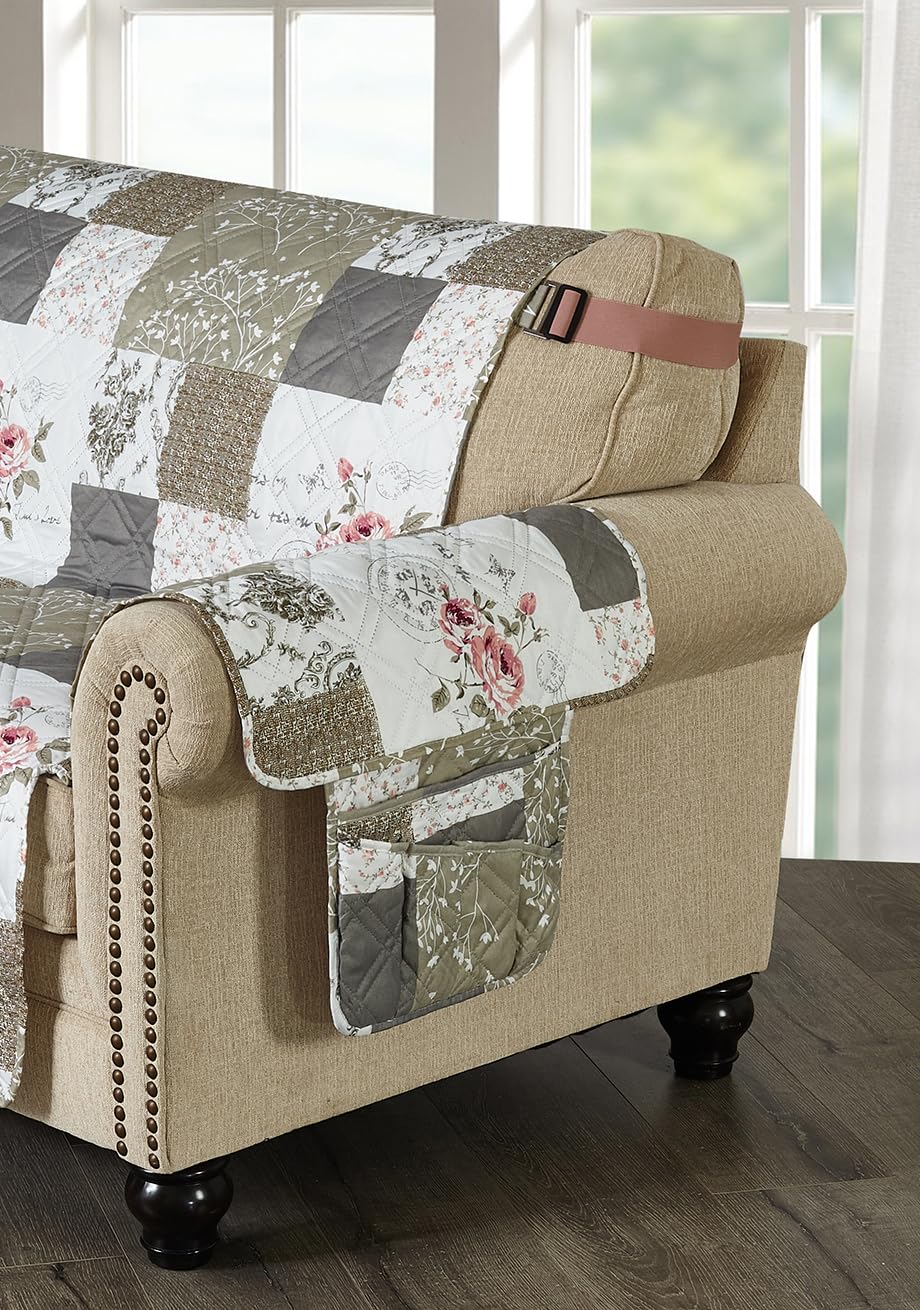 Brilliant Sunshine Pink Rose and Grey Toile Patchwork Couch Armrest Organizer, Non Slip Armchair Caddy for Sofa Recliner, Washable Remote Control Holder, Storage for Magazine, Phone, iPad (35"×13")