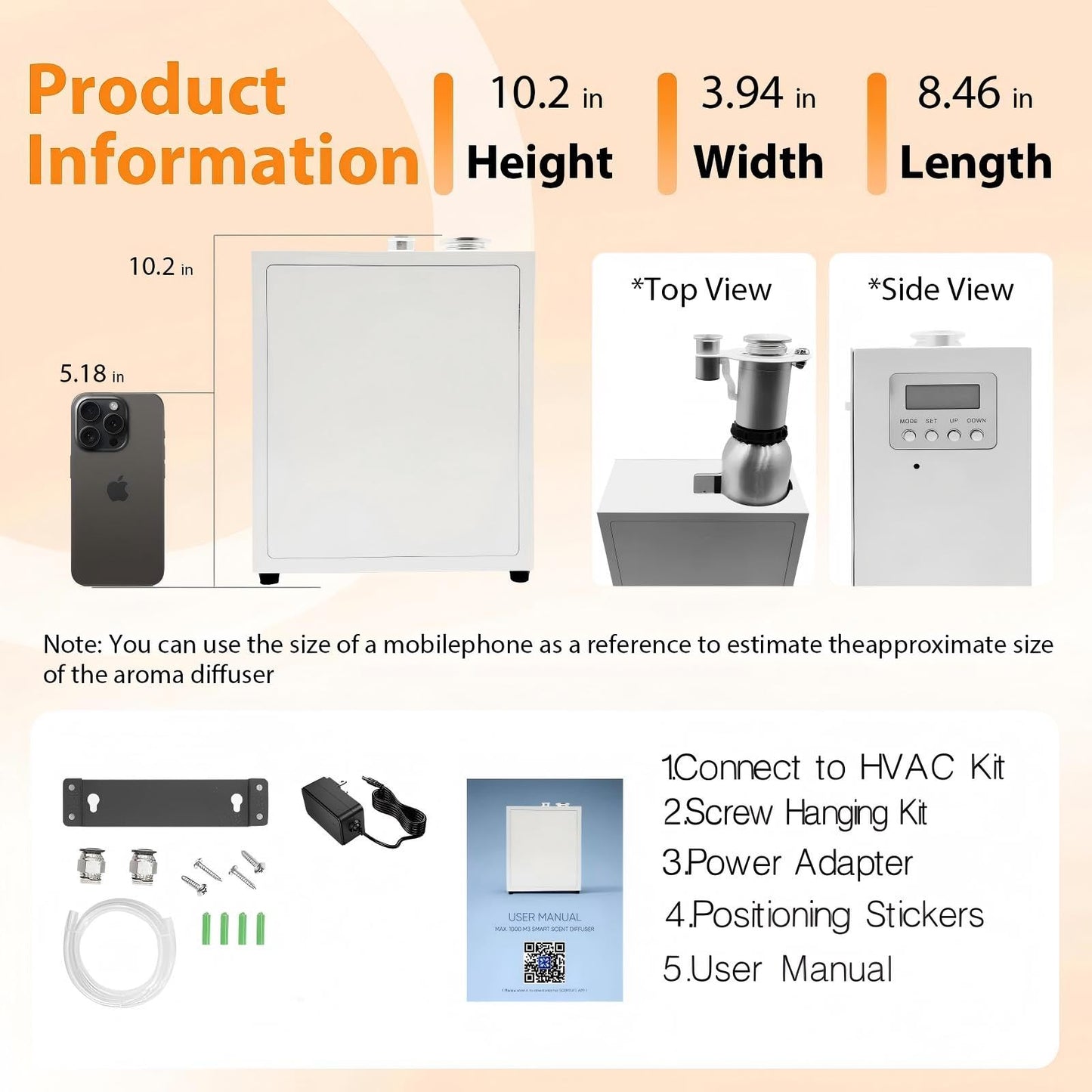 4000 Sq.Ft HVAC Smart Scent Diffuser for Home All-Metal Material. Suitable for Large residences, Hotels or Offices. Capacity 500 ml. Supports Bluetooth APP Control.