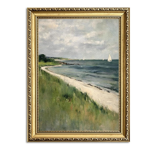 Gold Framed Coastal Wall Art Vintage Sailboat Beach Landscape Painting Nautical Ocean Wall Decor 3D Sandstone Textured Picture for Living Room Bedroom Farmhouse 12x16 Inch