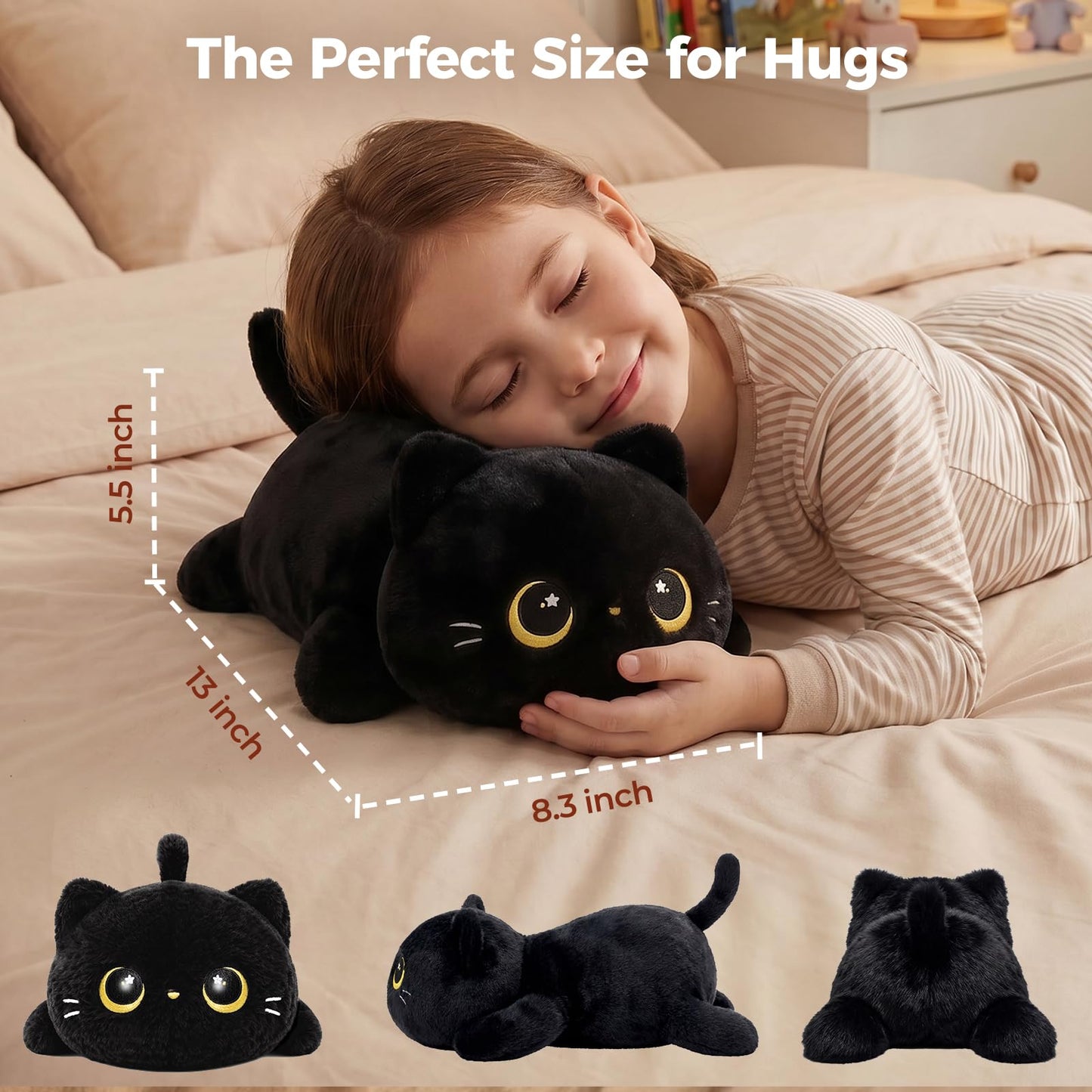 Mewaii Cute Black Cat Plush Pillow, Kawaii Plushies Black Cat Stuffed Animals, Squishy Plushies, Cuddle Plush Pillow for Kids & Girls (13 Inch)