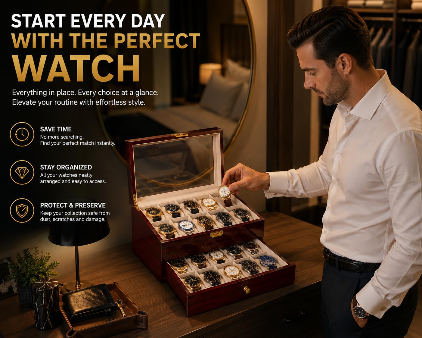 Craftilux High End 20 Slot Rosewood Watch Box for Men, 2 Tier Watch Organizer with Glass Display Lid, Velvet Lined Watch Case Storage for Up to 45mm Watches, Luxury Watch Holder Gift for Collectors