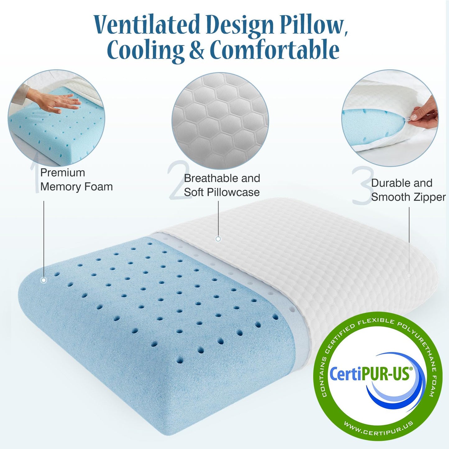 OLIXIS Memory Foam Pillows for Sleeping,2 Pack Queen Size Bed Pillows for Adults,with Removable Washable Cover,Breathable Mesh, Gel Cooling Technology, Firm Support for Back and Side Sleepers,White