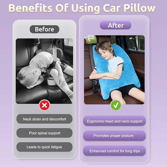 Car Pillow for Kids, Travel Pillow with Adjustable Strap, U-Shaped Pillow for Adults and Children to Support Head and Body Road Trip Essentials (Blue)