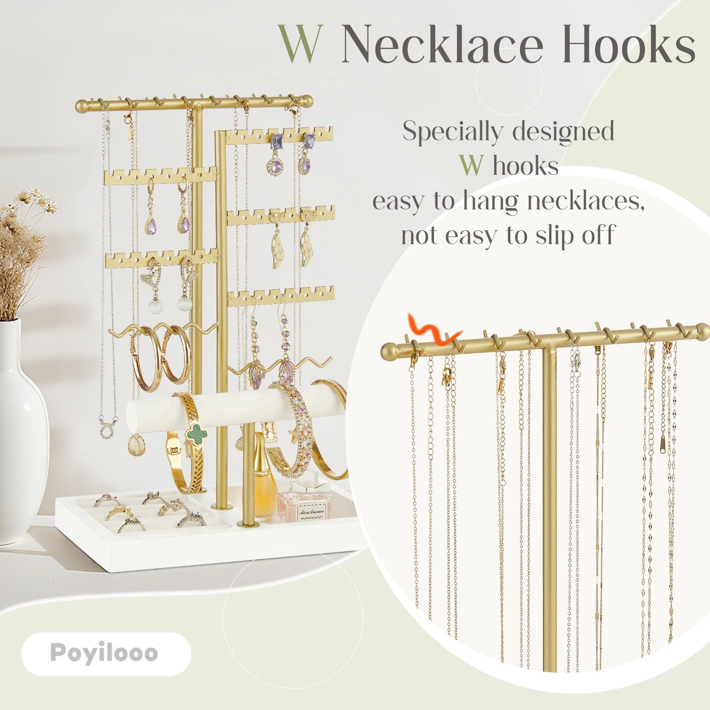 Poyilooo Earring Holder Jewelry Stand, 3 Tier Jewelry Organizer with Ring Holder Tray for Necklace Earring Keychains Bracelet Rings Display Jewelry Tree Stand (Whitegold)