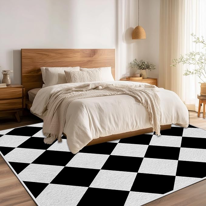 Checkered Rug, Black White Rug, Washable Rugs 5x6, Geometric Rhombus Plaid Area Rugs, Grid Gingham Carpet for Living Room Non Slip Home Decor