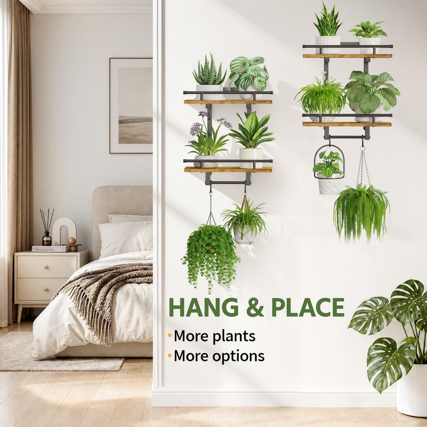 LASZOLA Floating Plant Shelves Holder Wall Mounted Indoor, 2 Pack Plant Hangers Stand with 4 Hooks, Metal and Wood Flower Hanging Display for Bedroom Living Room Kitchen Office Bathroom Decor, Brown