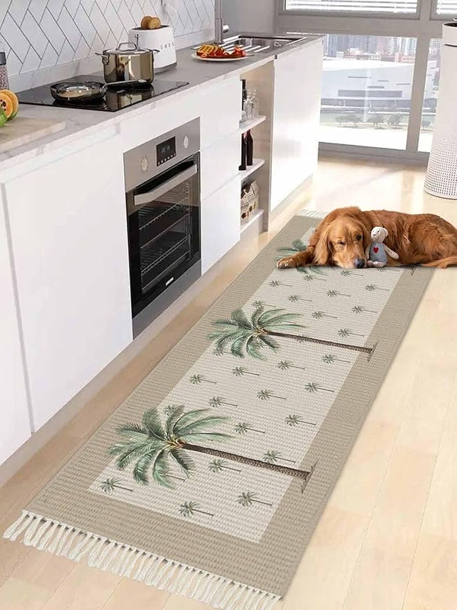 Tropical Palm Tree Kitchen Hallway Runner Rug 2X5 Ft Carpet, Washable Woven Brown Summer Beach Plant Throw Carpet with Tassel, Non-Shedding Farmhouse Retro Green Botanical Entryway Laundry Rugs