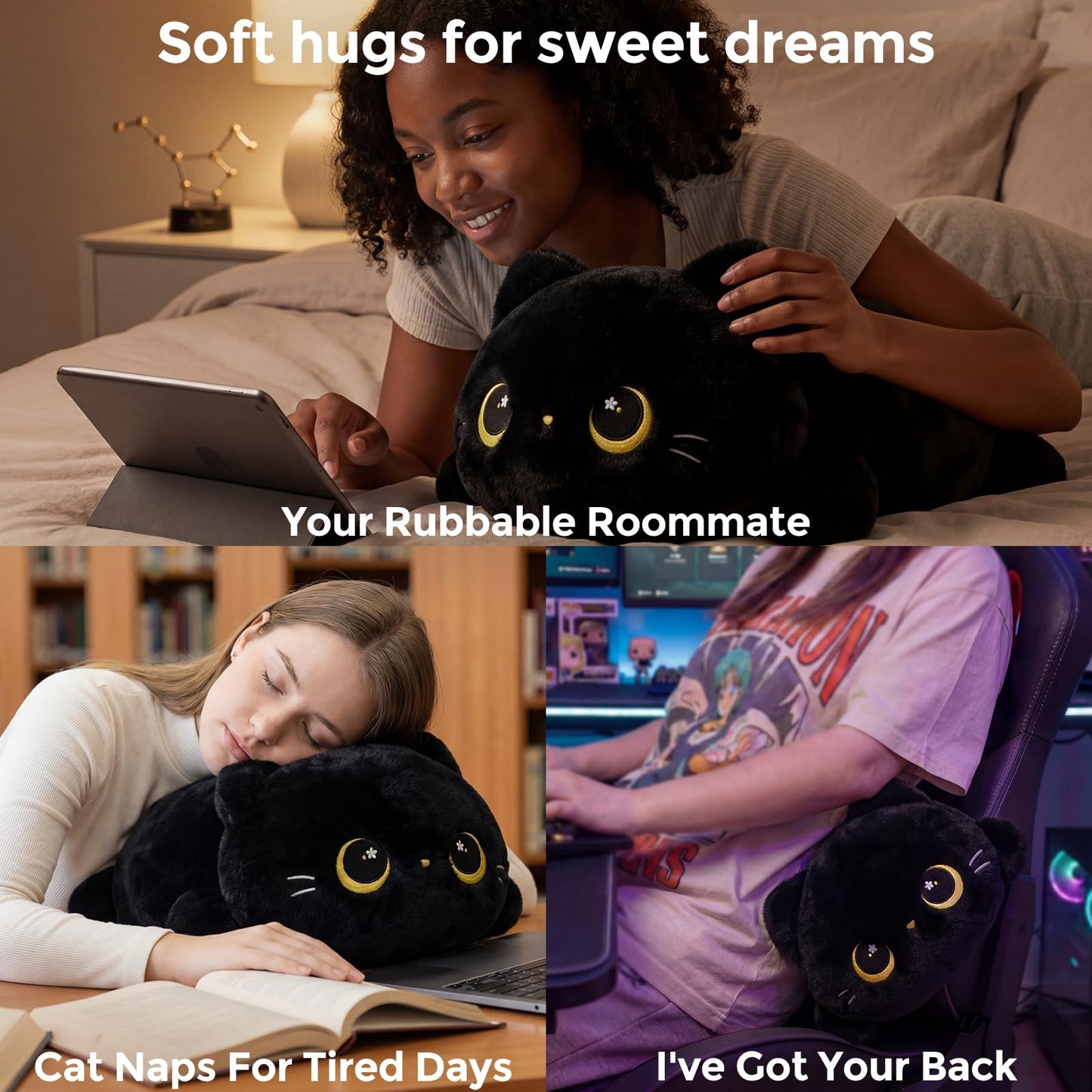 Mewaii Cute Black Cat Plush Pillow, Kawaii Plushies Black Cat Stuffed Animals, Squishy Plushies, Cuddle Plush Pillow for Kids & Girls (20 Inch)