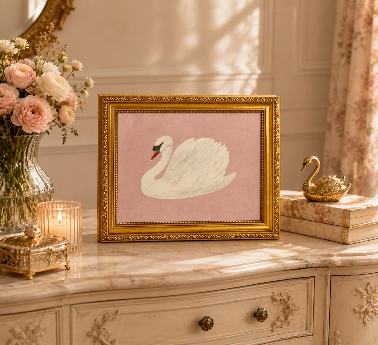 FKRYTYB Vintage Gold Framed Classical Pink Swan Canvas Wall Art, 11x9in