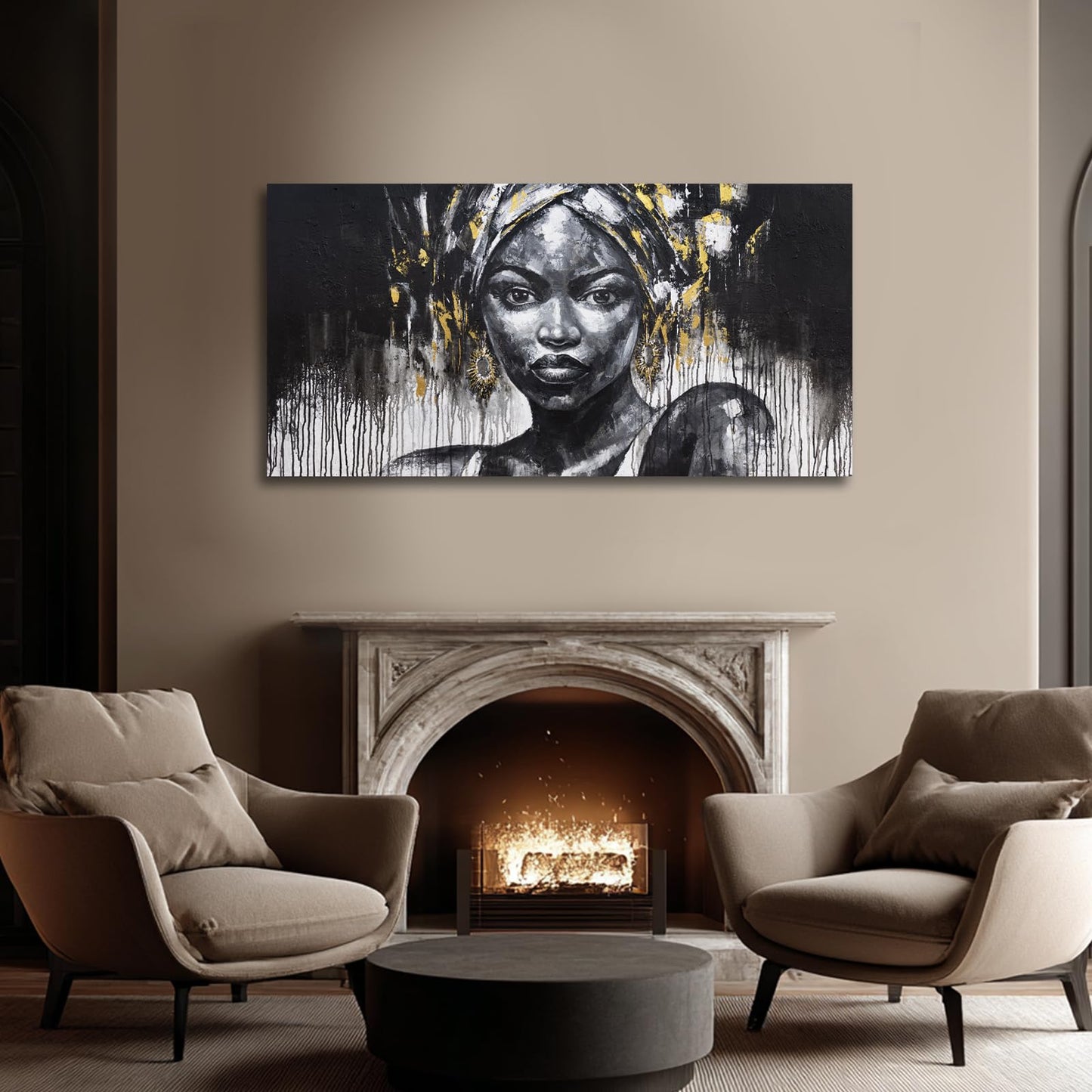 ZUNARE African American Portrait Canvas Wall Art Black and White Pictures with Gold Accents, Modern Cultural Black Woman Artwork for Living Room Bedroom Decor 24x48