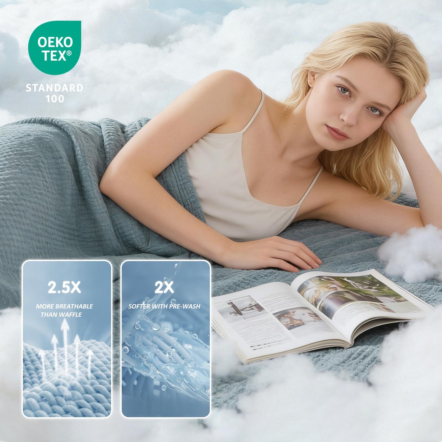 EMME Cotton Muslin Large Throw Blanket 4-Layer Couch Breathable Gauze Soft Lightweight Bed Blankets Adults Two-Tone Weave Design, Pre-Washed Softer Touch (Heather Teal, 50"x70")