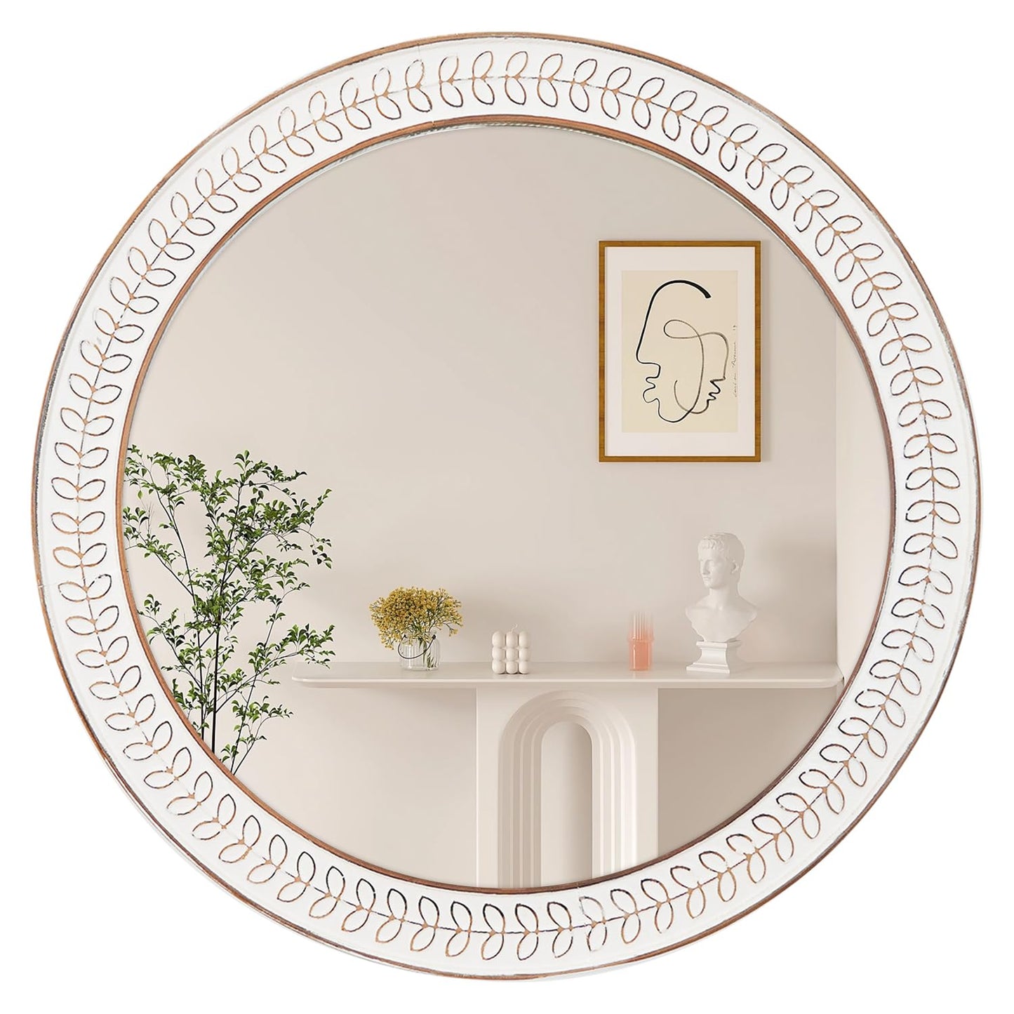 26 inch Round Mirrors for Wall Wood Circle Mirror with Carved Frame Rustic Accent Distressed Decorative for Living Room Bedroom Vanity Entryway Hallway Bathroom - White