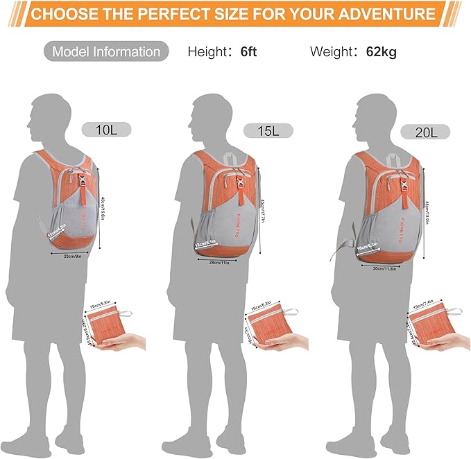 FIORETTO 15L Hiking Backpack for Women Men Mini Packable Backpack Lightweight Small Daypack for Camping Travel Outdoor, Orange