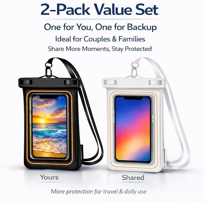 2-Pack IPX8 Floating Waterproof Phone Pouch, Dry Bag with Lanyard, Fits up to 7.2”, Compatible with iPhone 16/15/14/13 Pro Max, Galaxy S25/S24 Ultra, Pixel for Snorkeling, Kayaking(Black-Black)