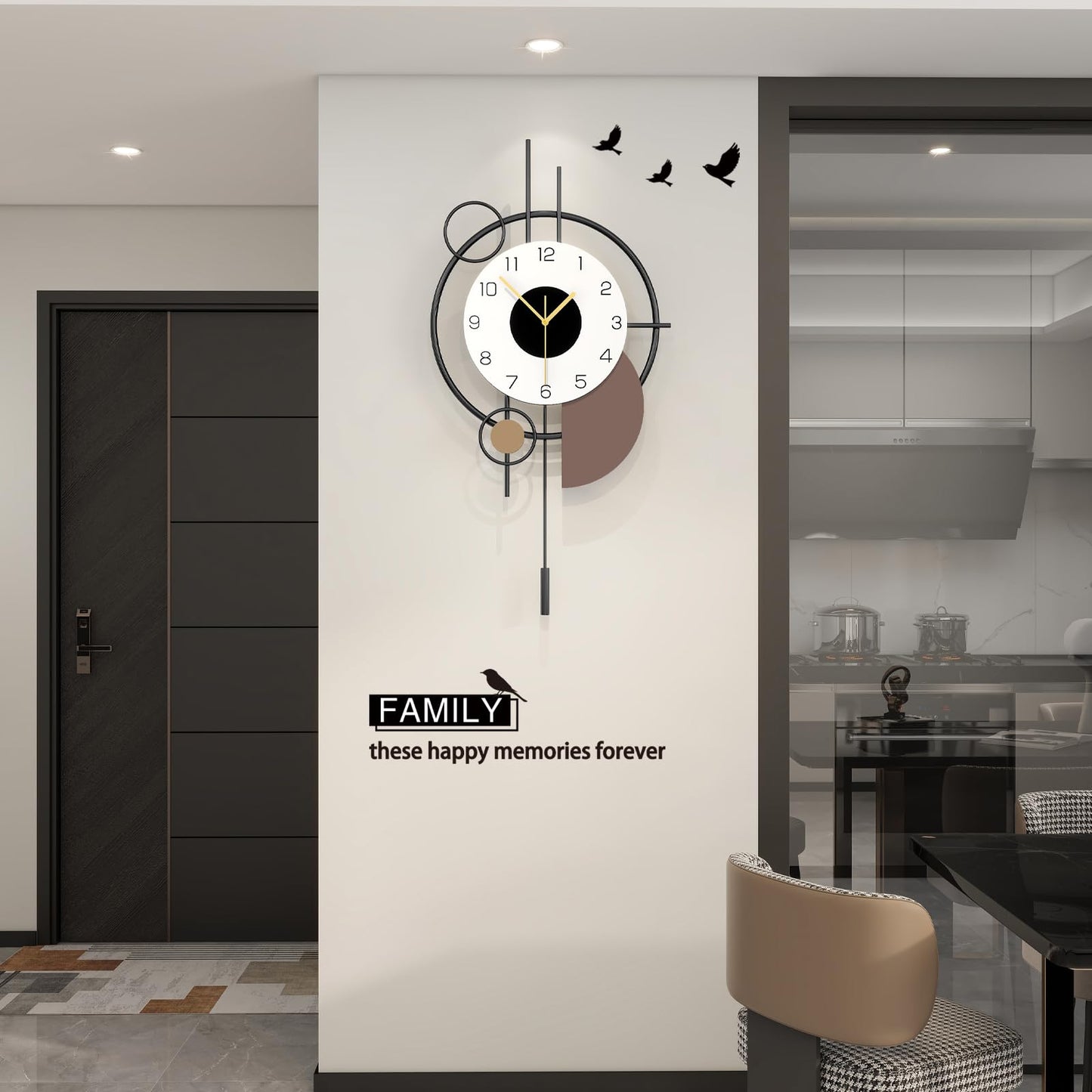 JUJUDA Large Modern Wall Clock for Living Room Decor Big Decorative Silent Wall Clock with Pendulum 14 Inch Black Metal Qulity Quartz Clock Battery Operated Non Ticking for Kitchen Office Bedroom
