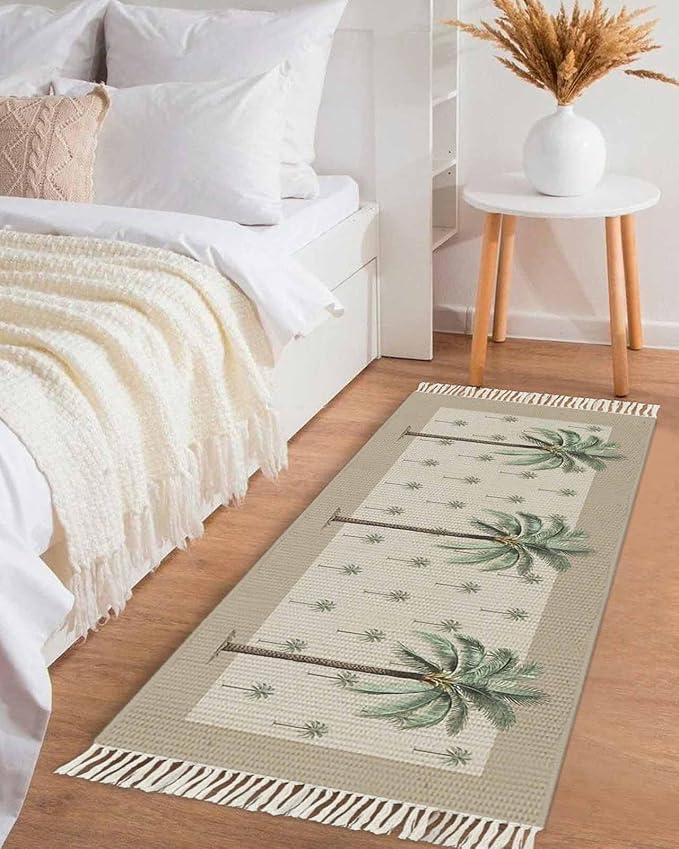 Tropical Palm Tree Runner Rug 2X4 Ft Entryway Outdoor Indoor Mat, Washable Woven Brown Summer Beach Plant Throw Carpet with Tassel, Non-Shedding Farmhouse Retro Green Botanical Hallway Bath Mats