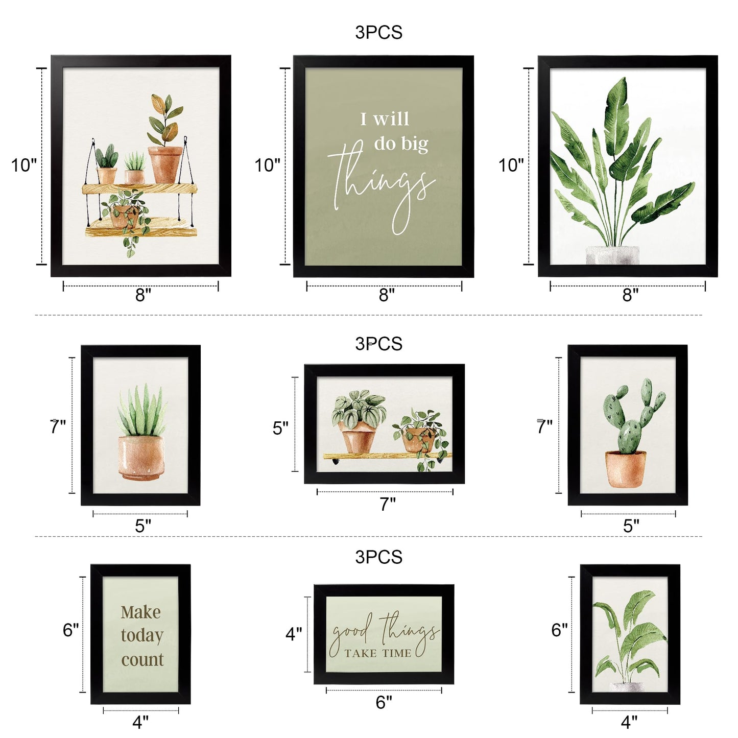 ArtbyHannah 9-Piece Botanical Gallery Wall Art Set, Sage Green Plant Prints with Black Frames, Neutral Decor for Modern Living Room Bedroom Staircase Nursery