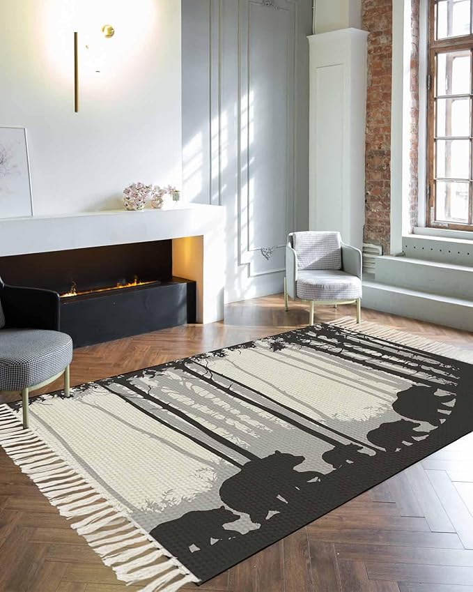 Rustic Bear Large Runner Rug 4X6 Ft Living Room Area Rug, Washable Woven Forest Animal Rustic Cabin Throw Carpet with Tassel, Non-Shedding Farmhouse Vintage Nature Scenery Art Bedroom Office Carpets