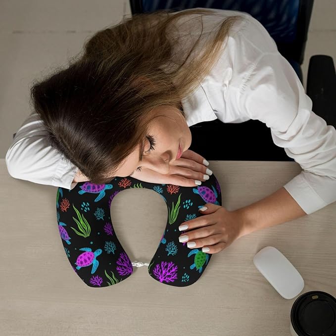 Neck Support Pillow, Comfortable Memory Foam Car/Flight/Airplane Chin Pillows U Shaped Cushion for Office Travel Sleeping Trippy Watercolor Blue Sea Turle