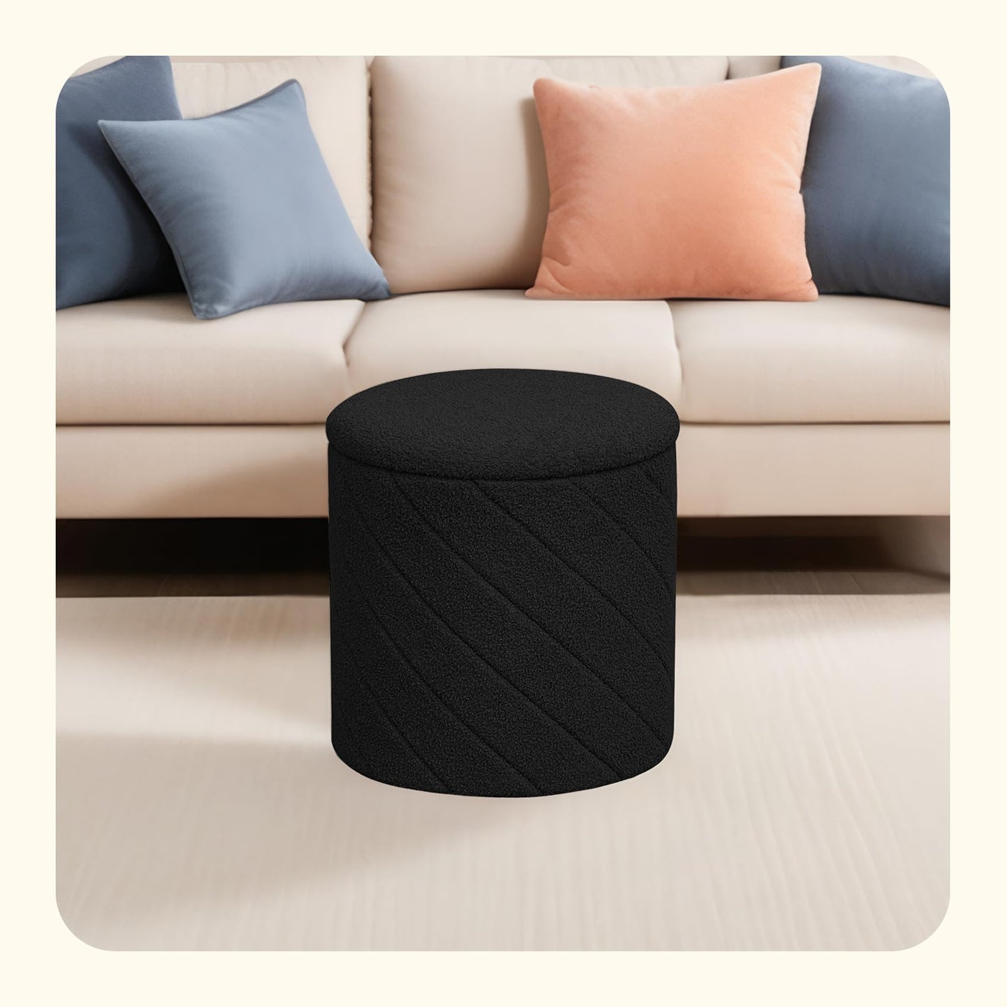 PINPLUS Ottoman with Stroage Round Boucle Ottoman and Tray Sherpa Removable Foot Stool Coffee Table for Dorm, Living Room Black, 16.9"x16.9"x17.7"