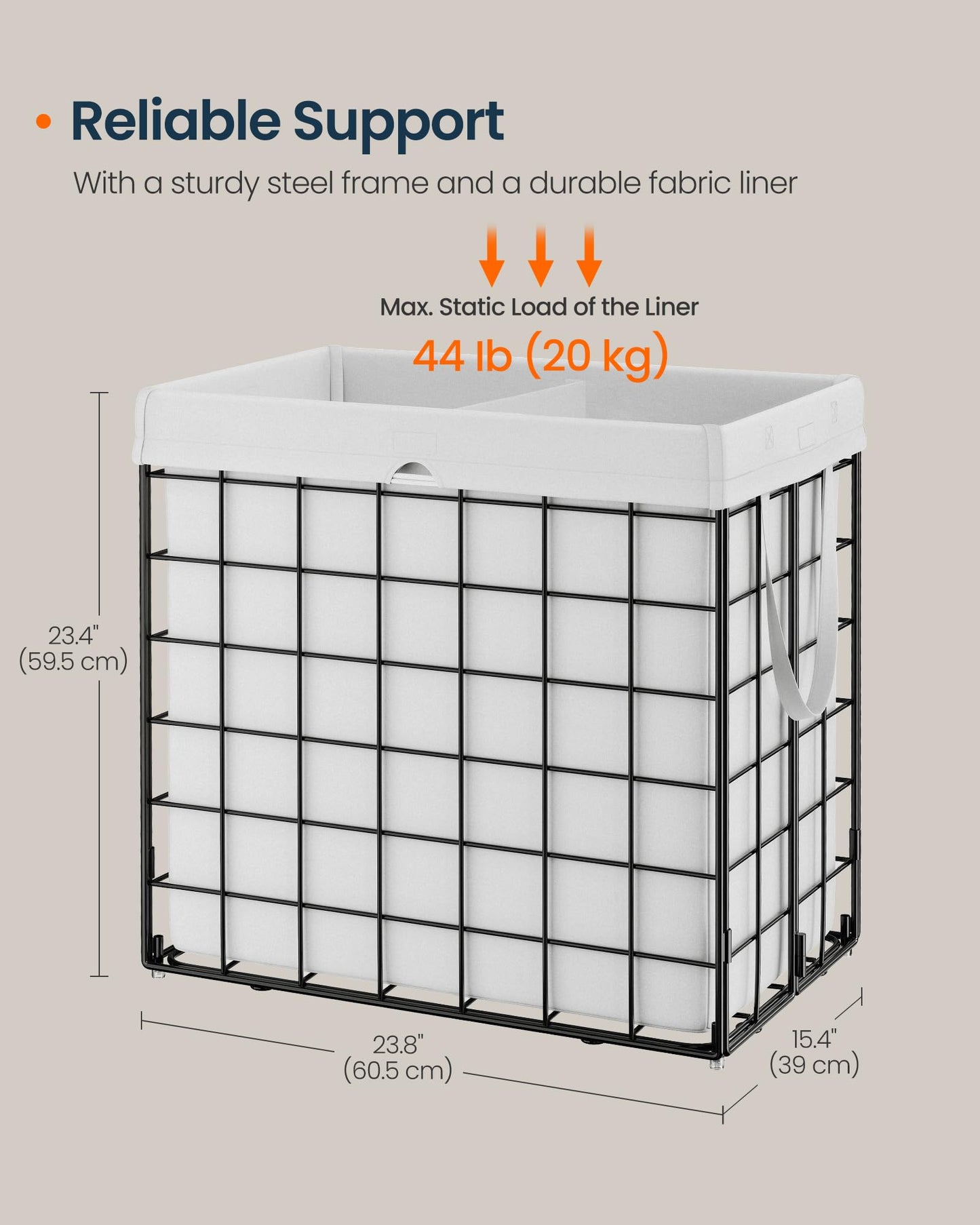 SONGMICS HOME Laundry Basket, Foldable Laundry Hamper, Clothes Hamper, Removable Liner with Handles, for Bedroom, Bathroom, 34.3 Gal. (130 L), White