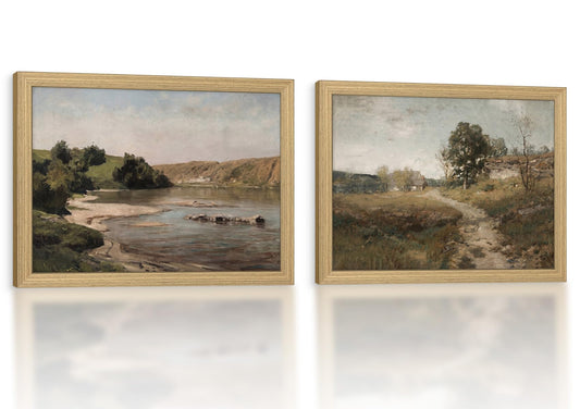 Framed Vintage Landscape Canvas Wall Art 2Pcs Rustic Prints Countryside River Artwork Gallery Style Posters Pictures Living Room Bedroom Farmhouse Home Decor 12x16 inch Ready to Hang