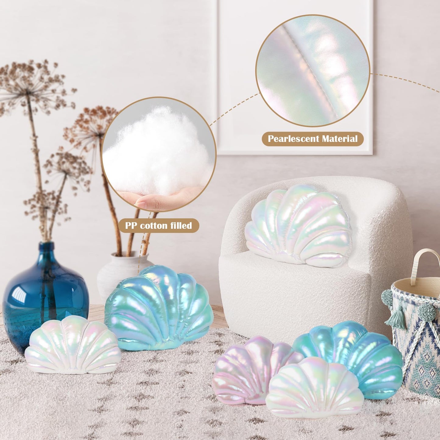 Marble Empire Seashell Pillow - Holographic Iridescent Foil Fabric Throw Pillow for Couch, Coastal Beach Theme Decor, Ocean Themed Bedroom Living Room Accent Pillow（Pink,14×11''）